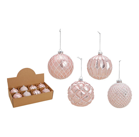 Lot de quatre boules de Noël en verre, rose, argenté, pailleté