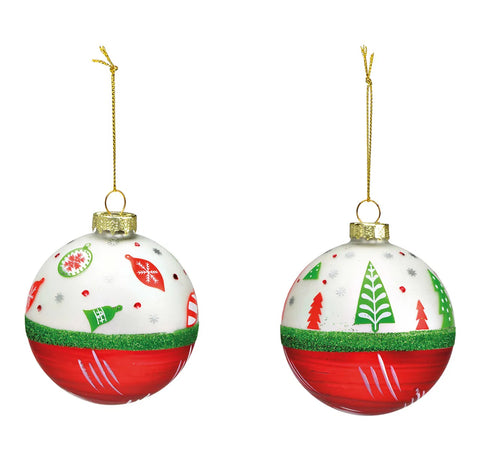 Lot de deux boules de Noël en verre , rouge, blanc et vert