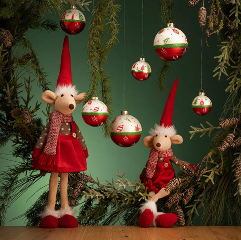 Lot de deux boules de Noël en verre , rouge, blanc et vert